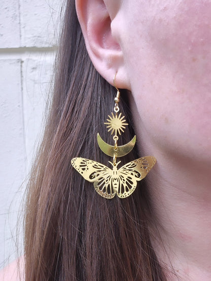 Gold Sun, Moon and Butterfly Earrings