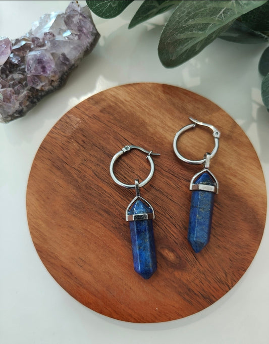 Stainless Steel Lapis Lazuli Crystal Point Hoop Earrings