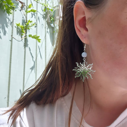 Sterling Silver Sun Face Earrings with Angelite Beads