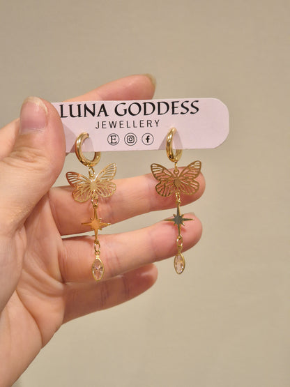 Butterfly Gem Huggie Earrings - Pink, Clear or Green