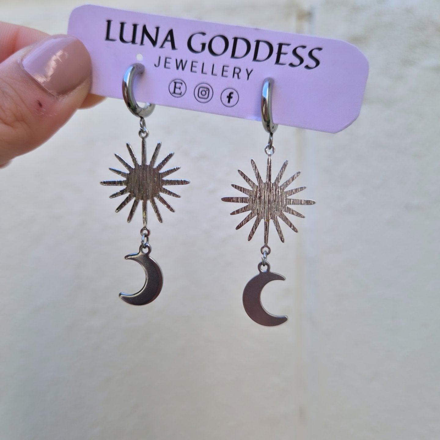 Stainless Steel Silver Sun & Moon Drop Earrings