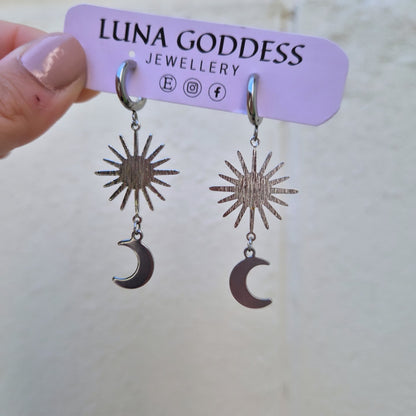 Stainless Steel Silver Sun & Moon Drop Earrings