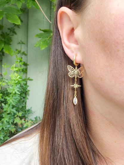 Butterfly Gem Huggie Earrings - Pink, Clear or Green