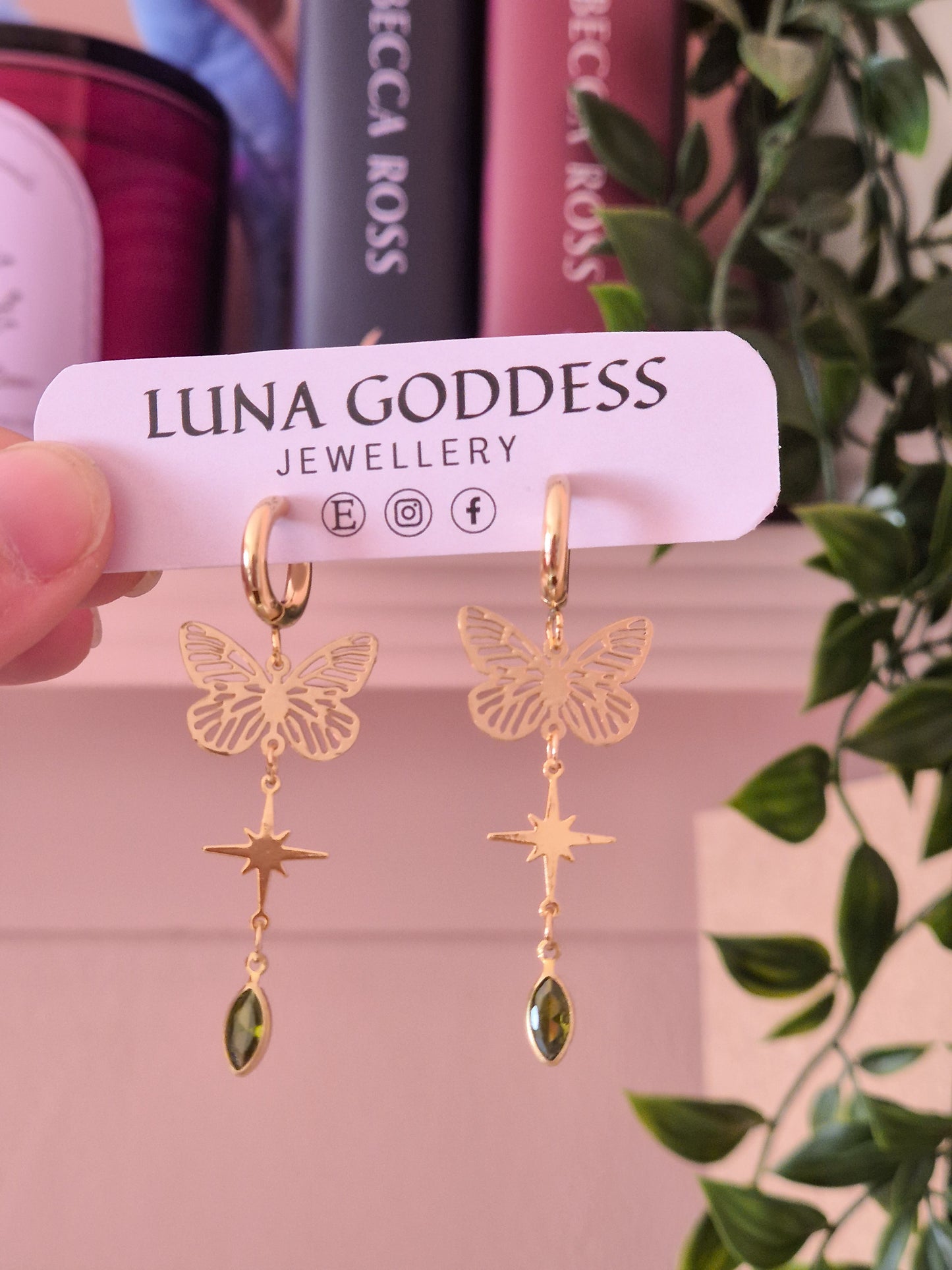 Green Butterfly Gem Huggie Earrings