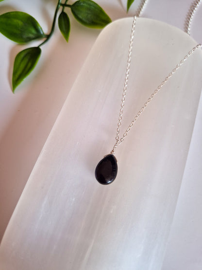 Dainty Black Obsidian Teardrop Necklace
