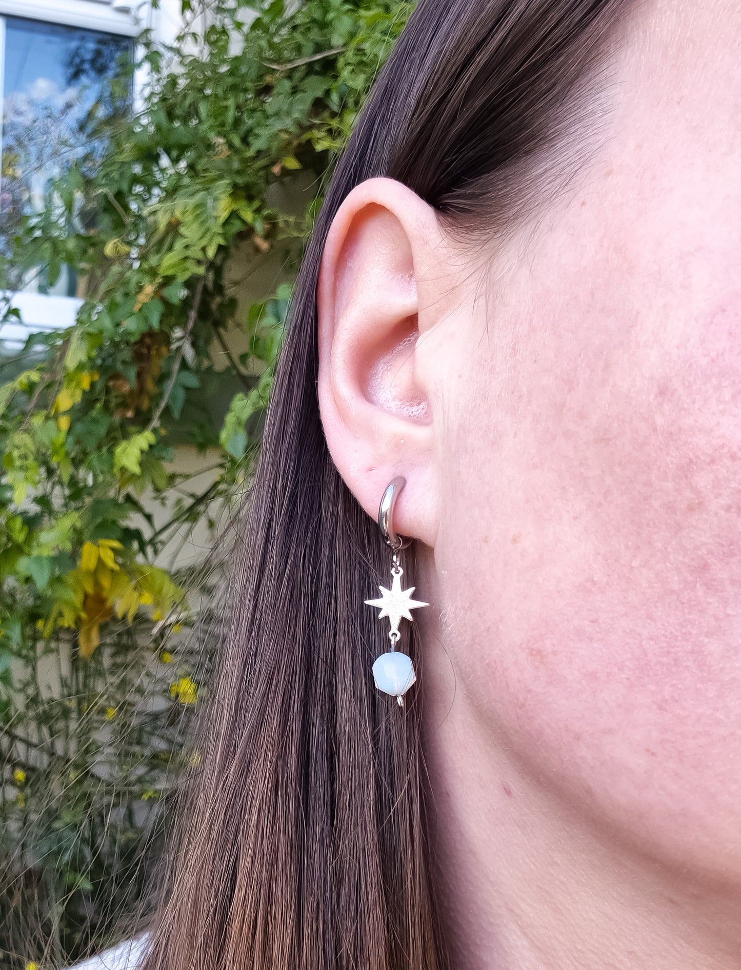 Silver Star Huggie Earrings with Opalite