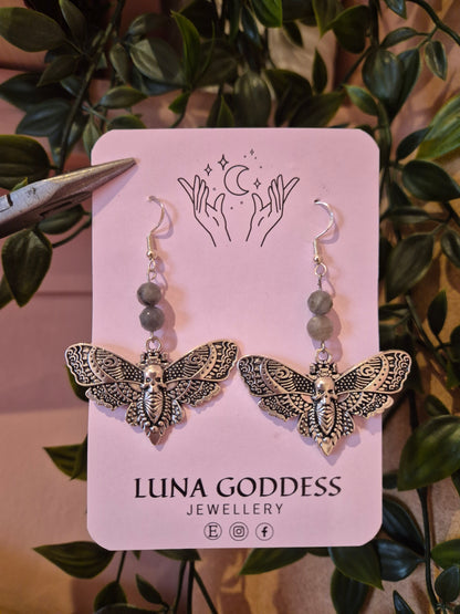 Death Moth Earrings with Labradorite & Sterling Silver Hooks