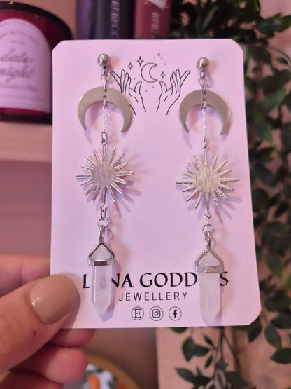 Celestial Sun Moon and Clear Quartz Stud Earrings