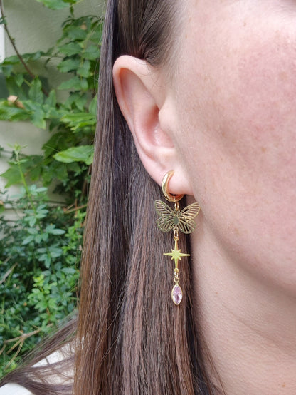 Butterfly Gem Huggie Earrings - Pink, Clear or Green