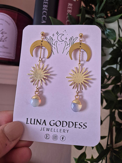 Celestial Sun, Moon & Opalite Stud Earrings