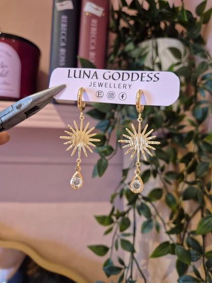 Sun & Crystal Teardrop Celestial Huggie Hoop Earrings