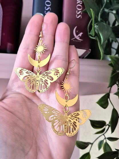 Gold Sun, Moon and Butterfly Earrings