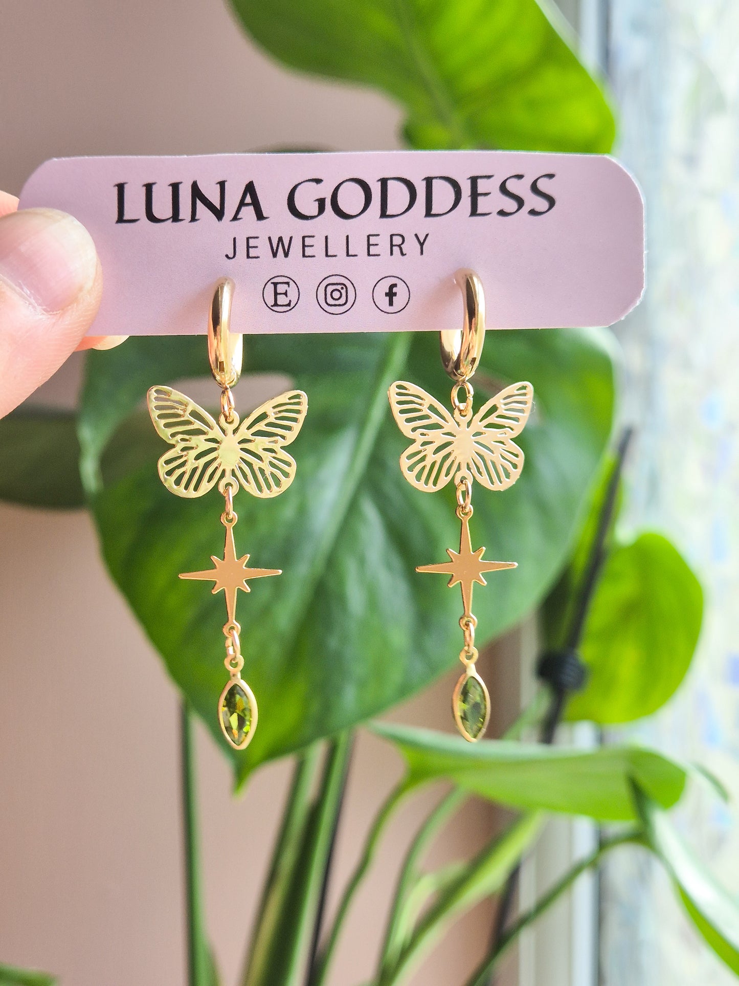 Green Butterfly Gem Huggie Earrings