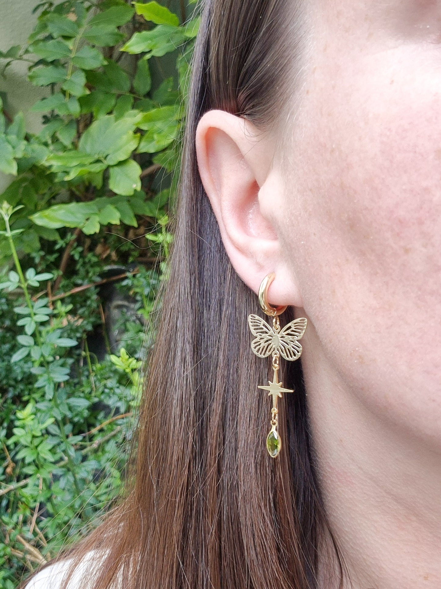 Green Butterfly Gem Huggie Earrings
