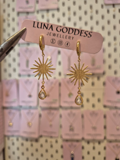 Sun & Crystal Teardrop Celestial Huggie Hoop Earrings