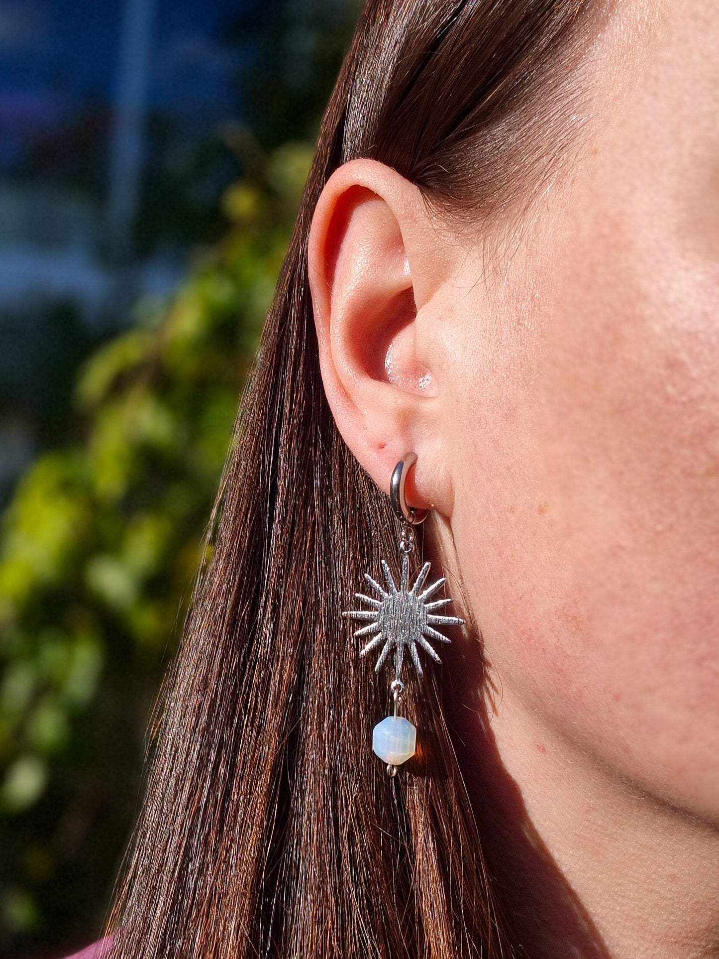 Silver Sun Huggie Hoops with Opalite