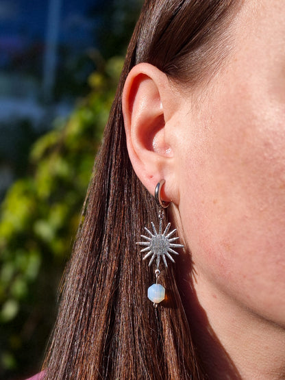 Silver Sun Huggie Hoops with Opalite