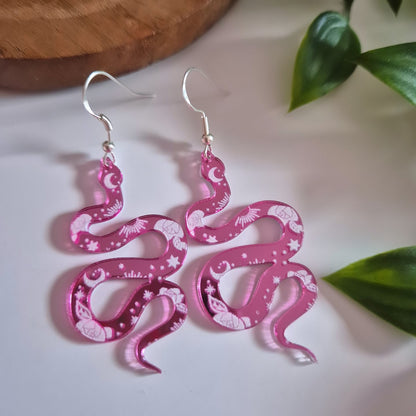 Pink Acrylic Mirror Snake Earrings
