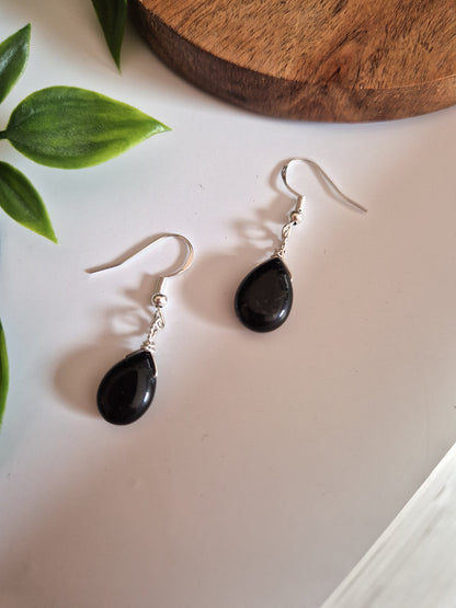 Dainty Black Obsidian Teardrop Matching Jewellery Set