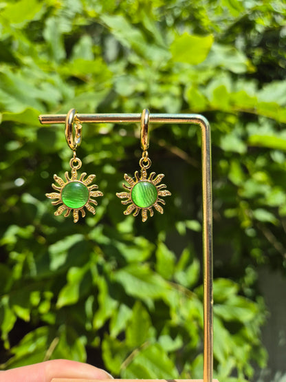 Green Sun Charm Stainless Steel Huggie Hoop Earrings