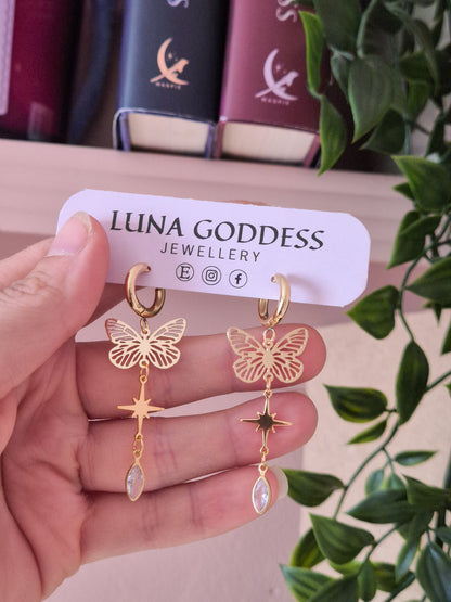 Butterfly Gem Huggie Earrings - Pink, Clear or Green