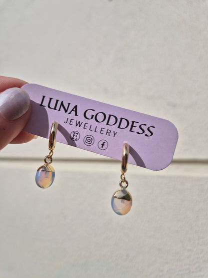 Opalite Huggie Hoop Droplet Earrings: 18k Gold Plated Stainless Steel