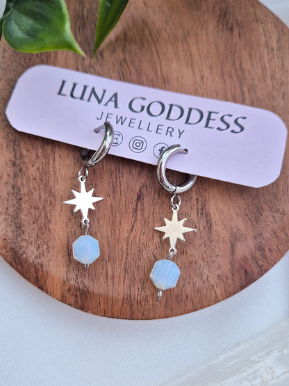 Silver Star Huggie Earrings with Opalite