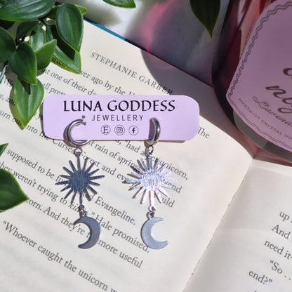 Stainless Steel Silver Sun & Moon Drop Earrings
