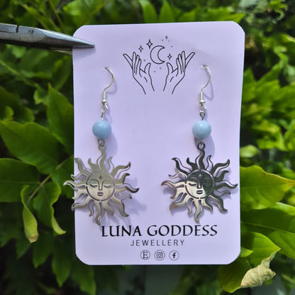 Sterling Silver Sun Face Earrings with Angelite Beads
