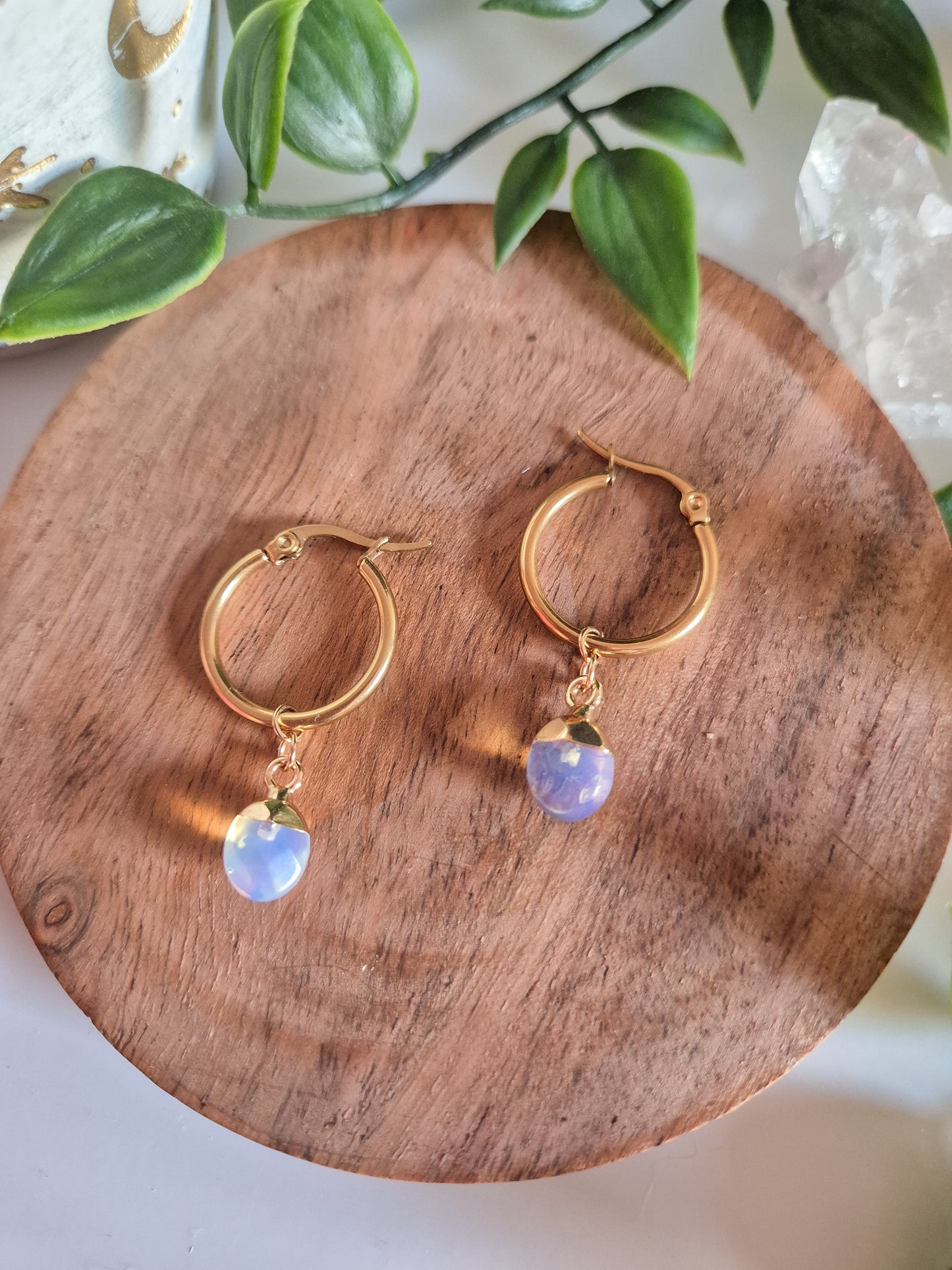 Opalite Hoop Earrings: 18k Gold Plated Stainless Steel