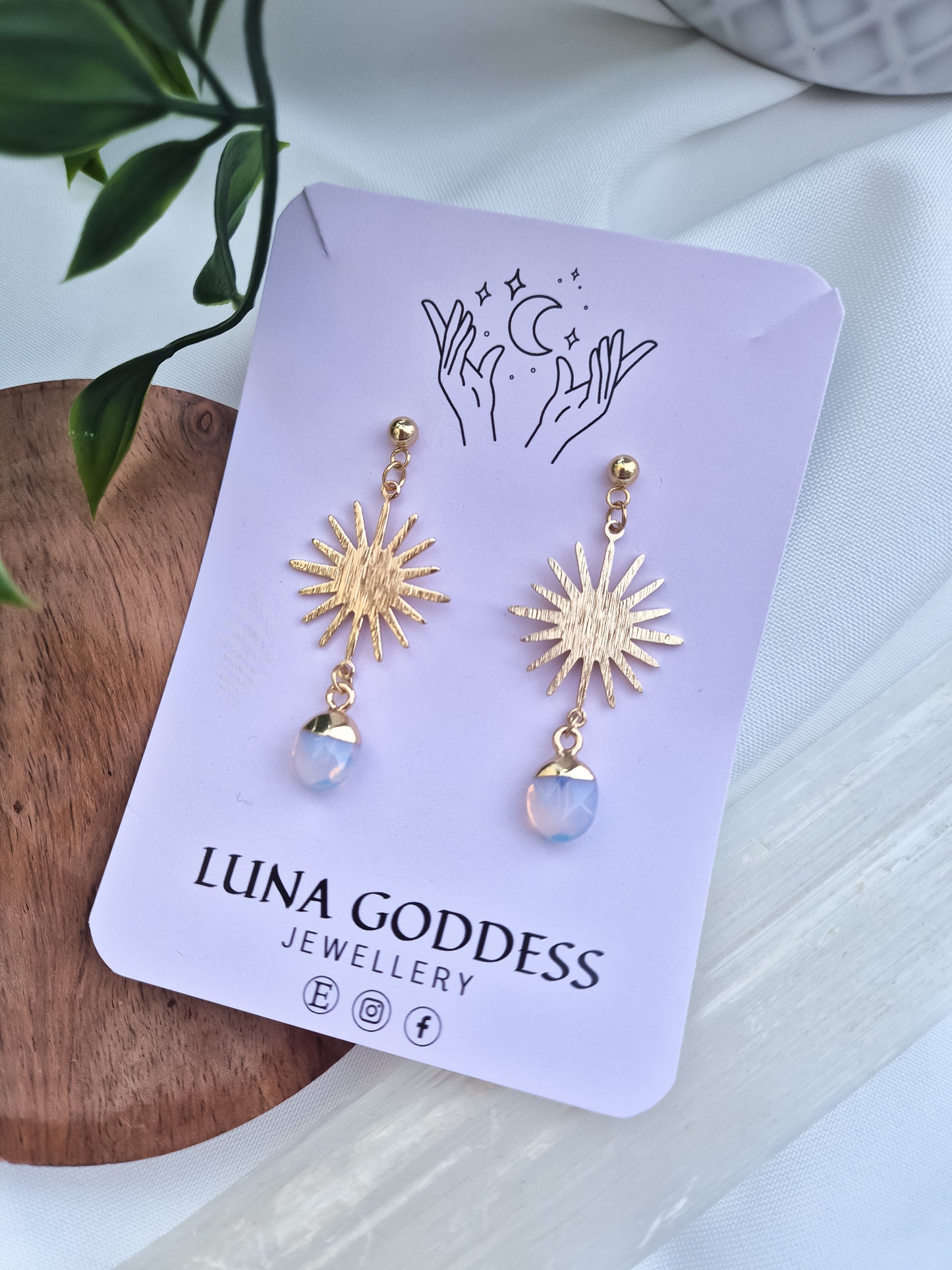 Gold Sun Stud Earrings with Opalite