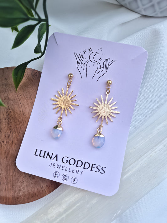 Gold Sun Stud Earrings with Opalite