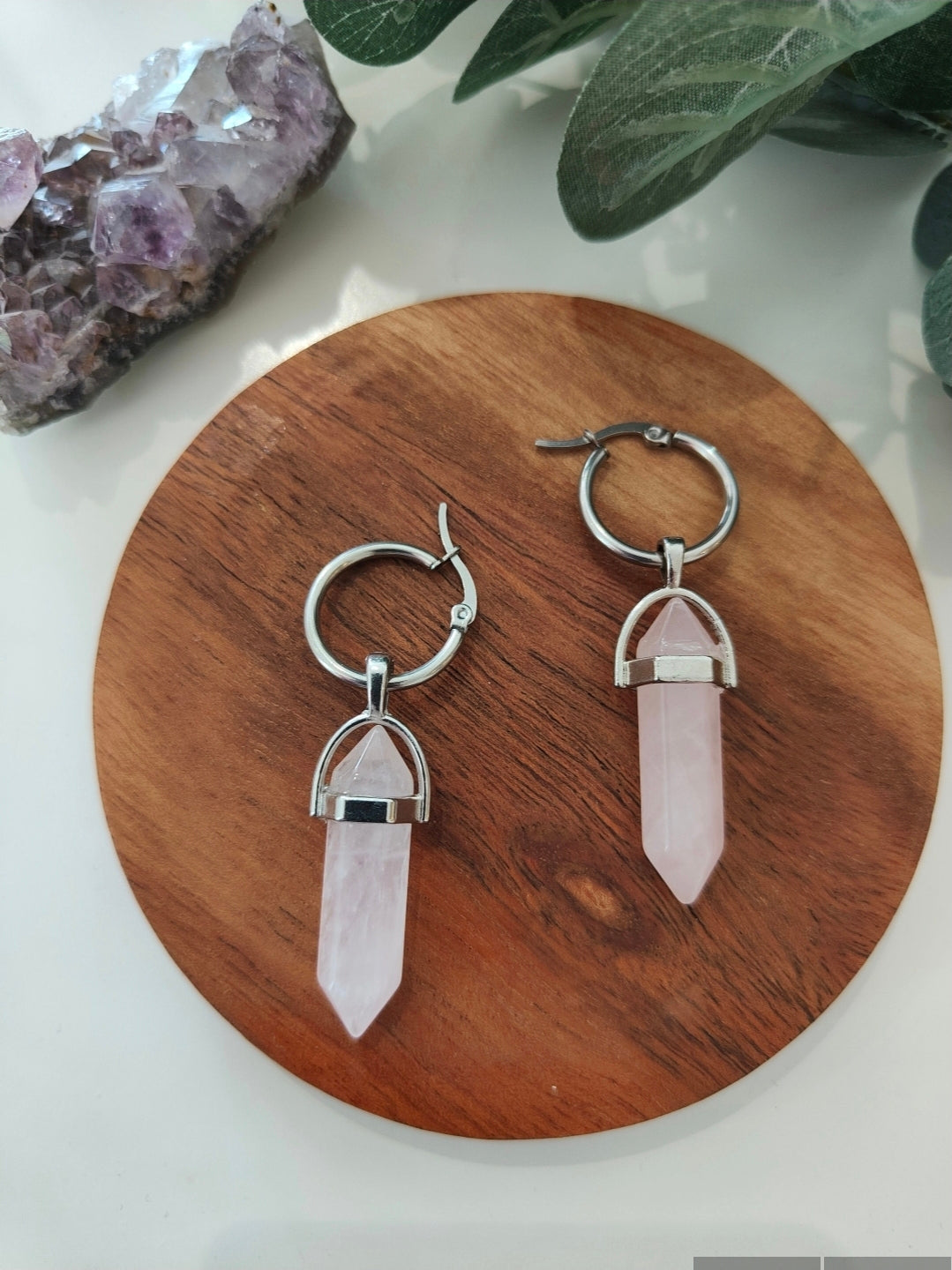 Crystal Point Stainless Steel Rose Quartz Hoop Earrings