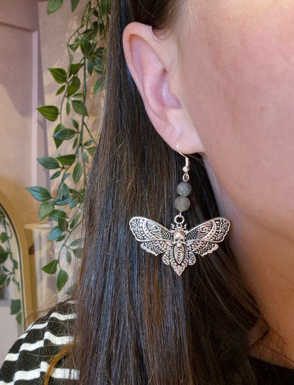 Death Moth Earrings with Labradorite & Sterling Silver Hooks