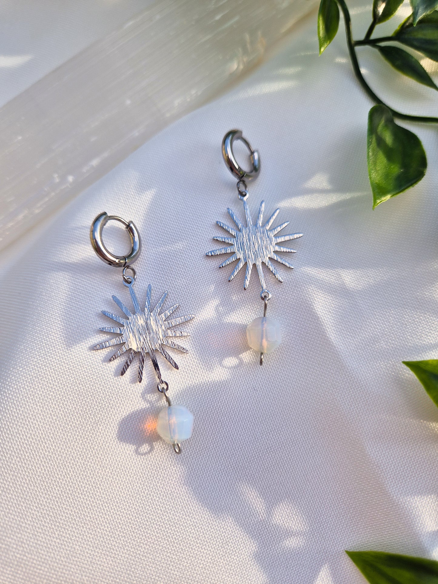 Silver Sun Huggie Hoops with Opalite