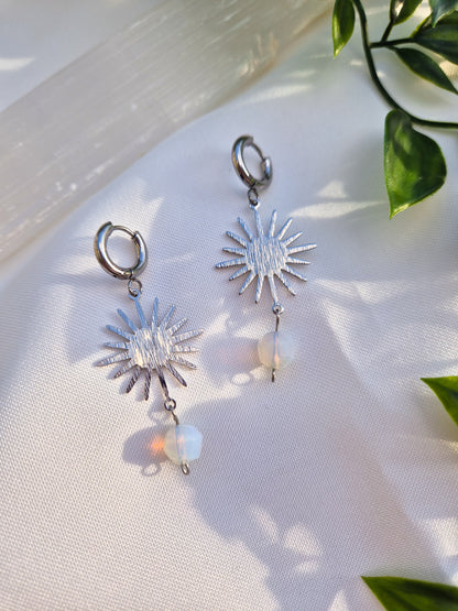 Silver Sun Huggie Hoops with Opalite