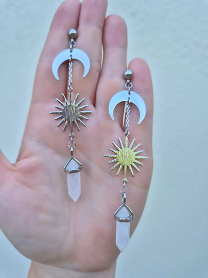 Celestial Sun Moon and Clear Quartz Stud Earrings