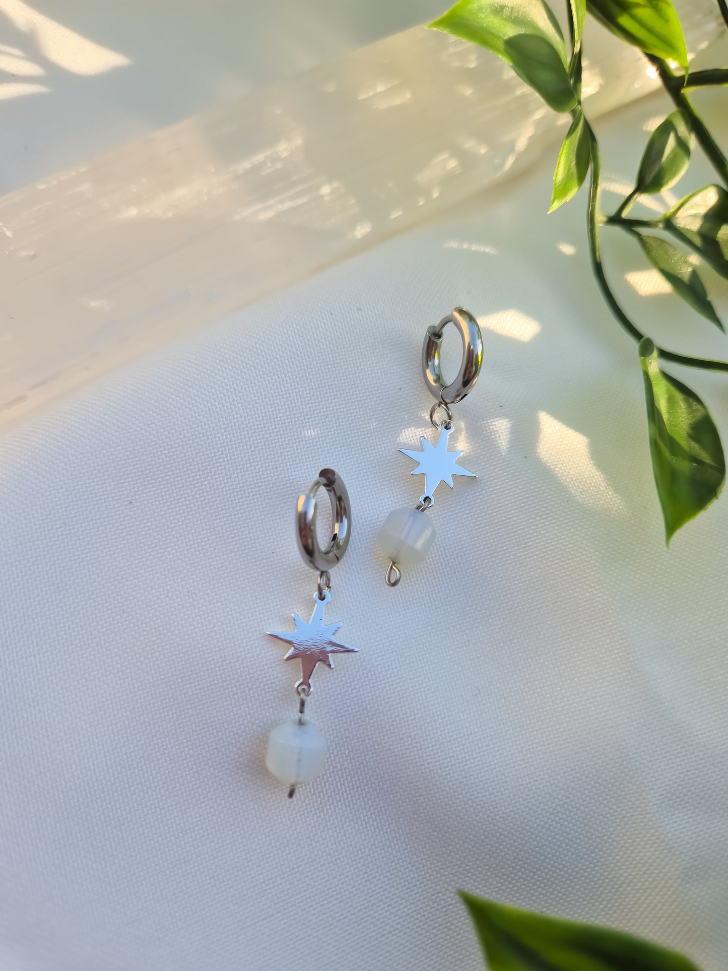 Silver Star Huggie Earrings with Opalite