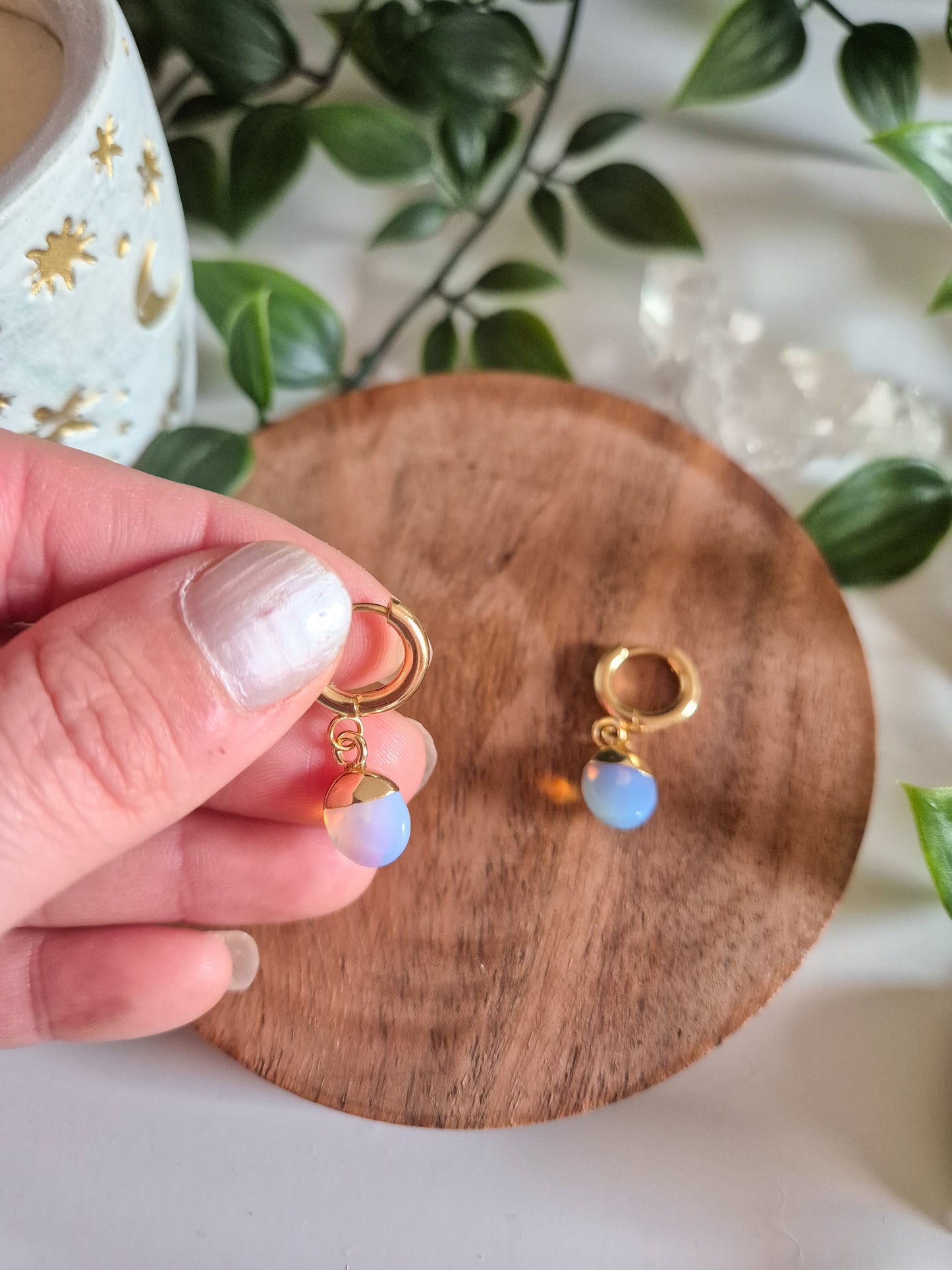 Opalite Huggie Hoop Droplet Earrings: 18k Gold Plated Stainless Steel