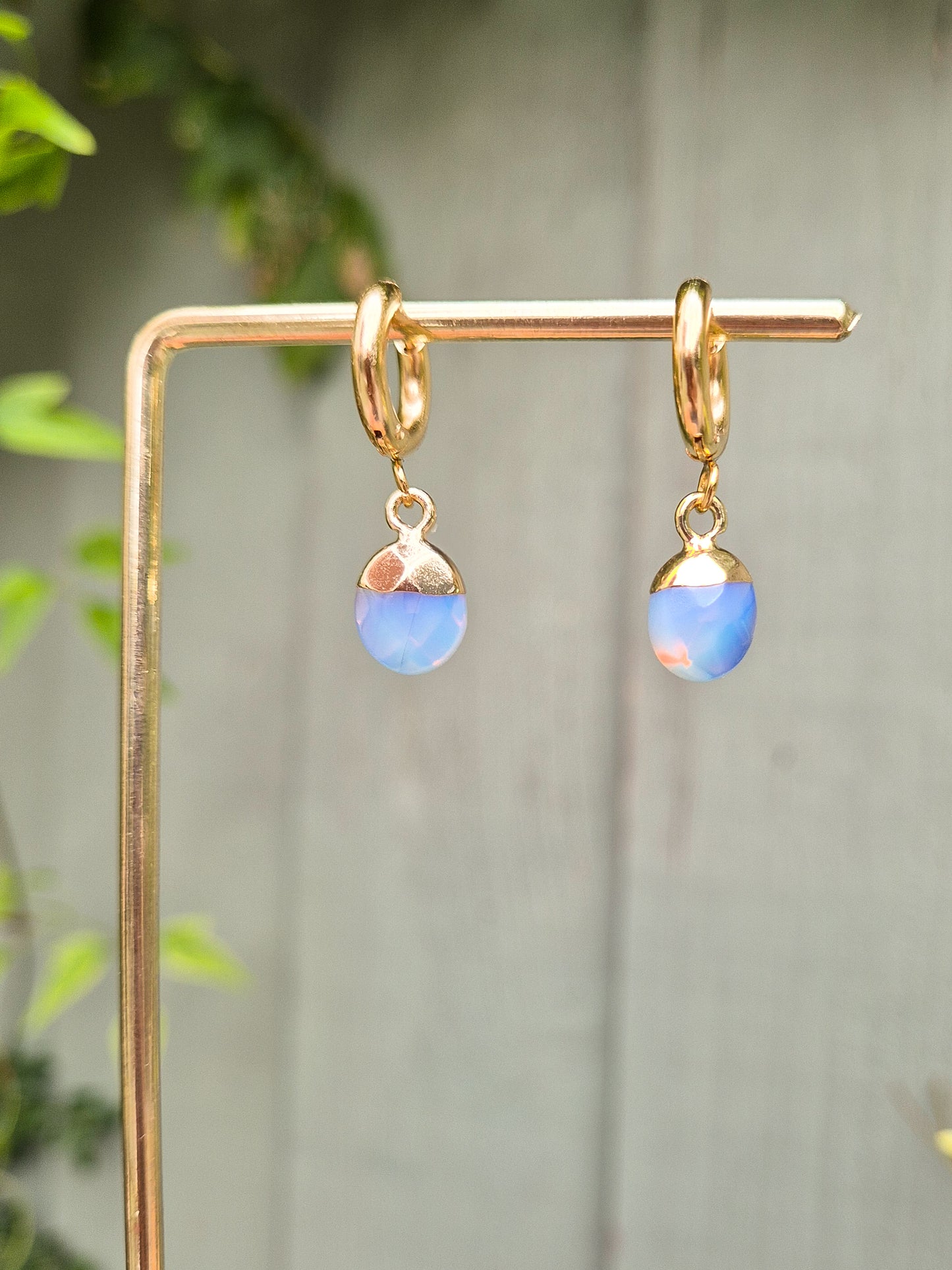 Opalite Huggie Hoop Droplet Earrings: 18k Gold Plated Stainless Steel