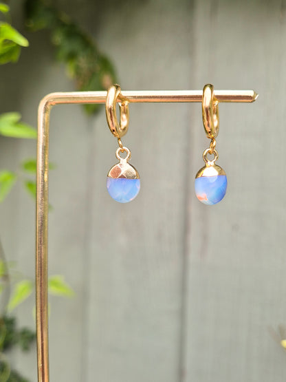 Opalite Huggie Hoop Droplet Earrings: 18k Gold Plated Stainless Steel