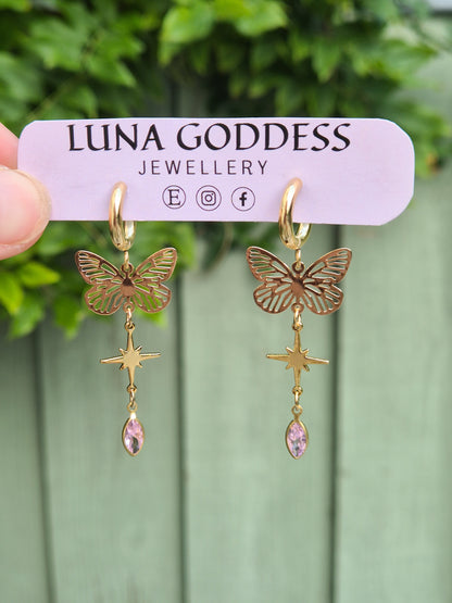 Butterfly Gem Huggie Earrings - Pink, Clear or Green