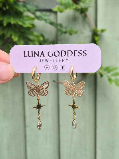 Butterfly Gem Huggie Earrings - Pink, Clear or Green