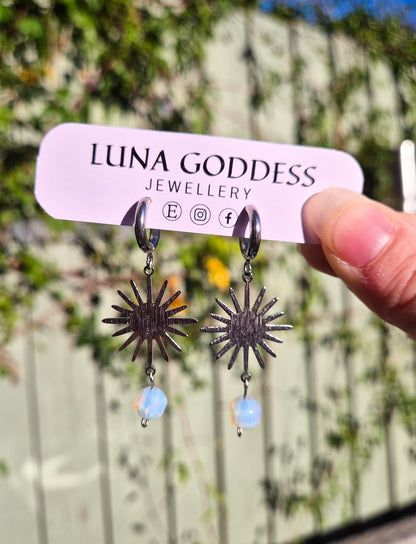 Silver Sun Huggie Hoops with Opalite