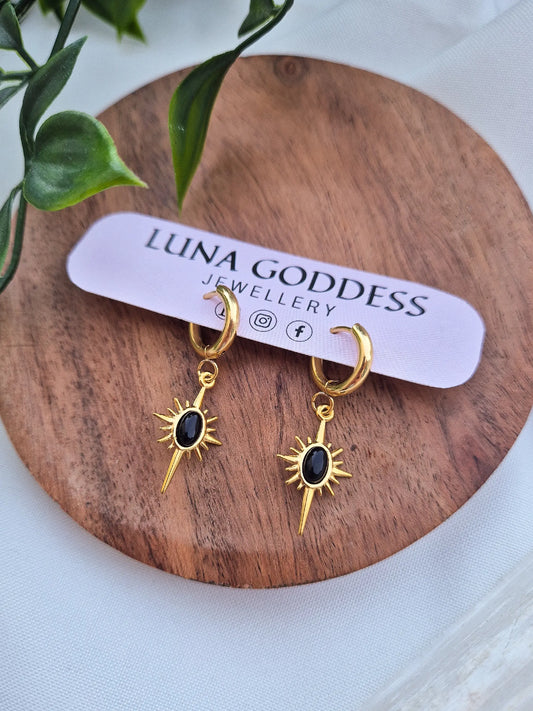 Gold Onyx Star Huggie Earrings