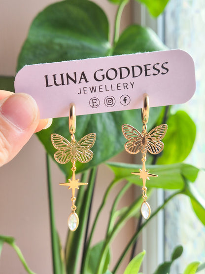 Butterfly Gem Huggie Earrings - Pink, Clear or Green