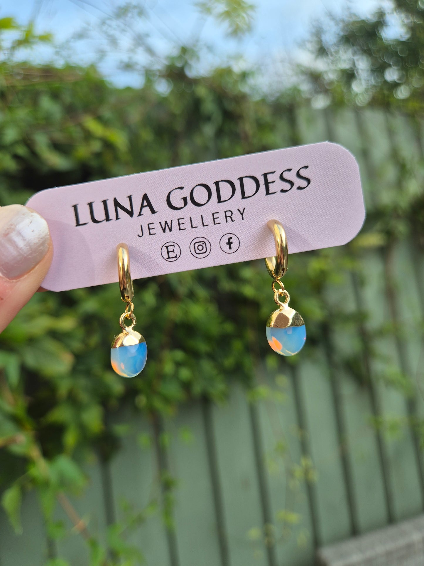 Opalite Huggie Hoop Droplet Earrings: 18k Gold Plated Stainless Steel