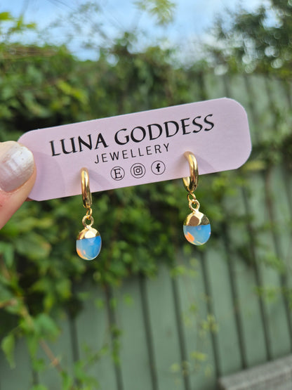 Opalite Huggie Hoop Droplet Earrings: 18k Gold Plated Stainless Steel