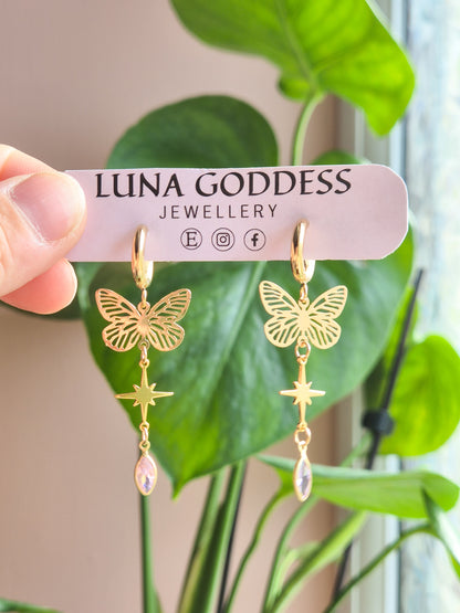 Butterfly Gem Huggie Earrings - Pink, Clear or Green