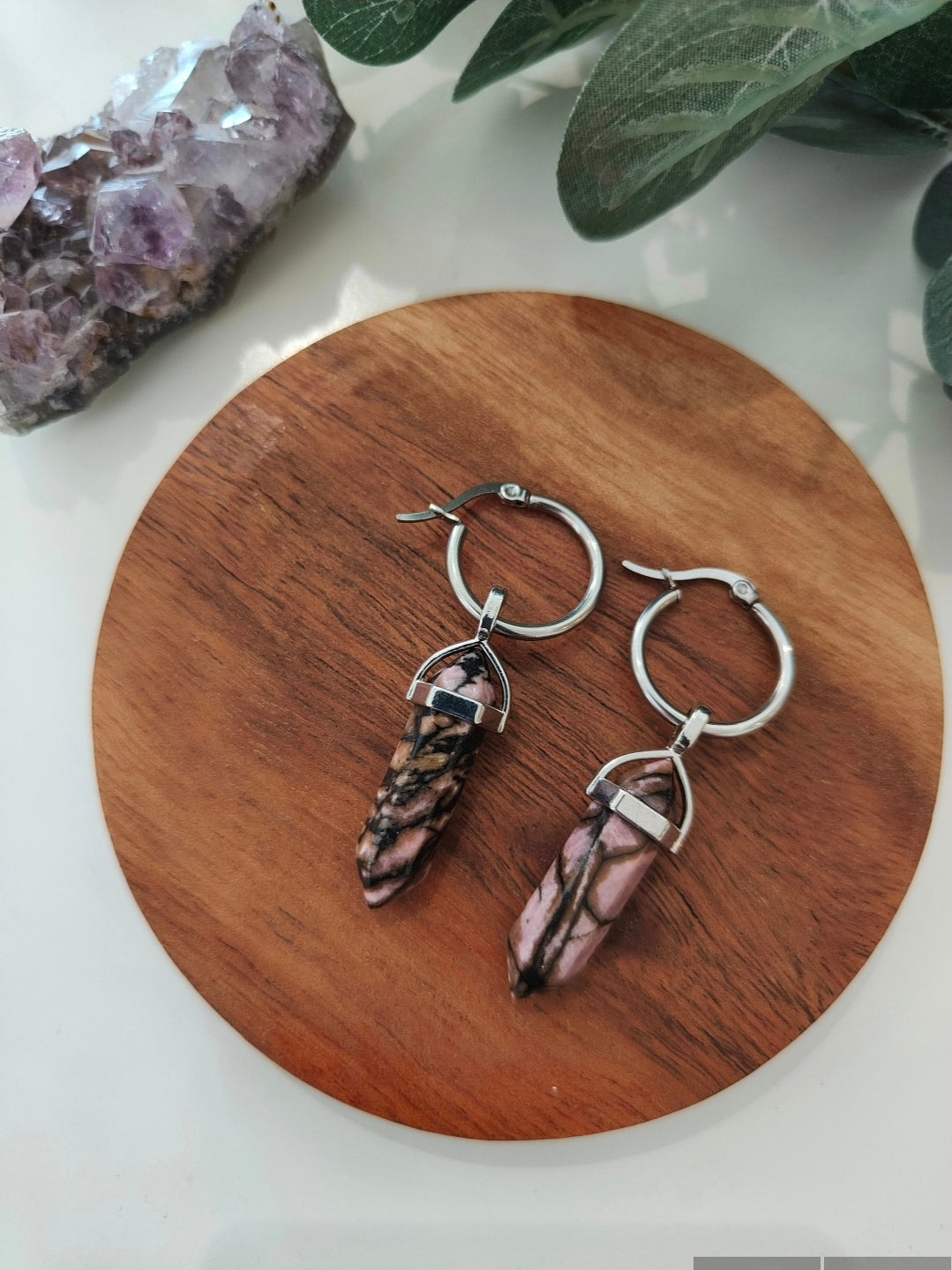 Stainless Steel Rhodonite Crystal Point Hoop Earrings